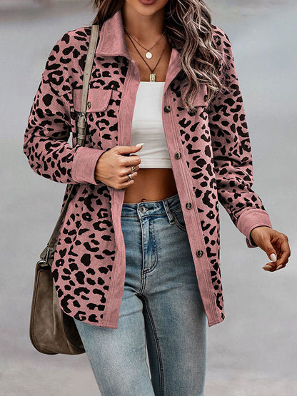 Long Sleeves Loose Buttoned Leopard Pockets Split-Joint Lapel Jackets Outerwear