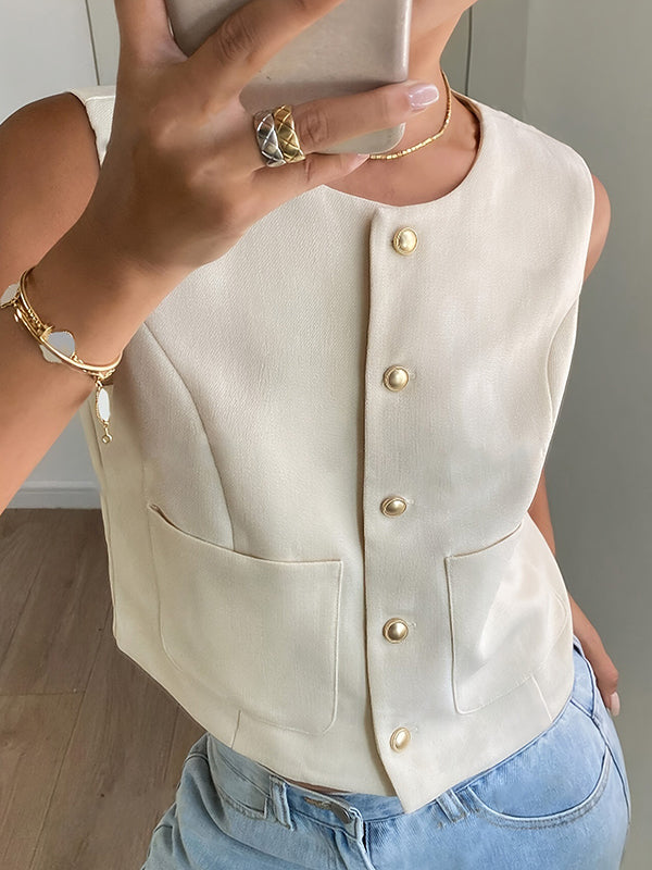 Loose Sleeveless Buttoned Pockets Split-Joint Round-Neck Vest Top