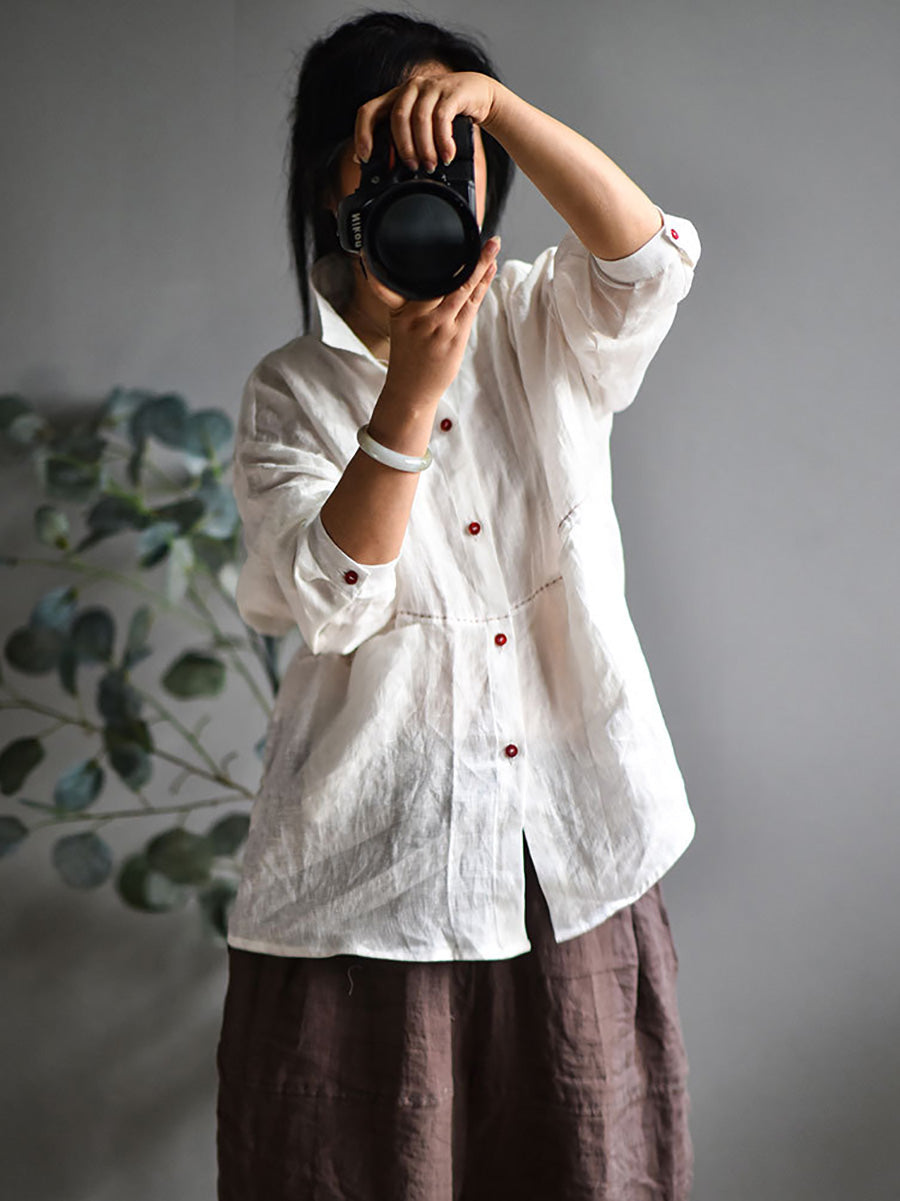 Plus Size Women Casual Solid Spring Stitching Linen Shirt