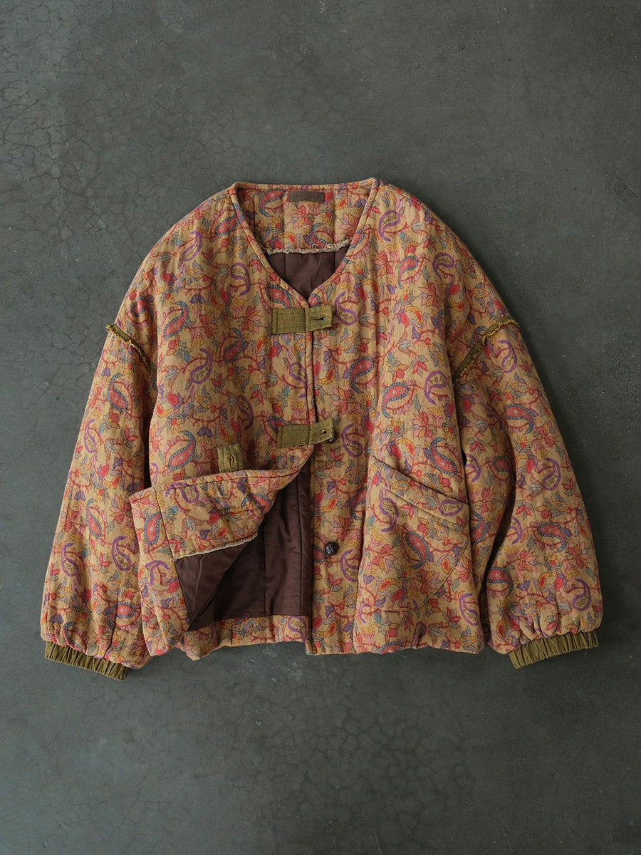 Women Ethnic Floral Winter V-neck Cotton Padded Jacket