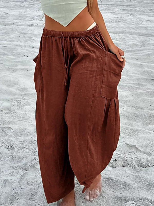 High Waisted Loose Drawstring Elasticity Pleated Pockets Solid Color Ninth Pants Trousers