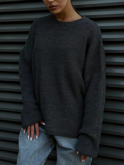 Long Sleeves Loose Solid Color Split-Joint Round-Neck Sweater Tops