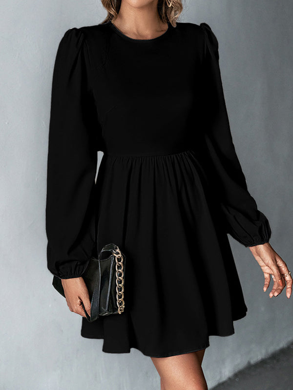 A-Line Bishop Sleeve Backless Elasticity Hollow Pleated Solid Color Tied Round-Neck Mini Dresses