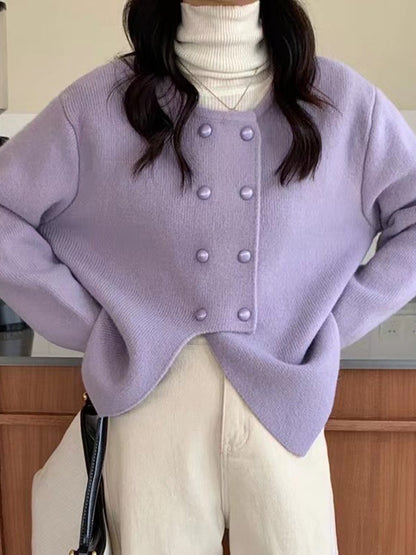 Long Sleeves Loose Asymmetric Buttoned Solid Color Split-Front Round-Neck Cardigan Tops