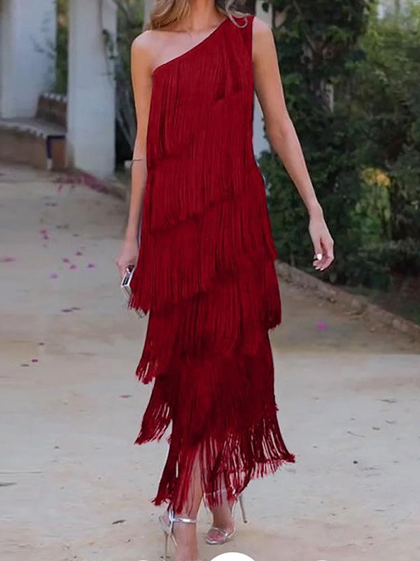 Loose Sleeveless Asymmetric Solid Color Split-Joint Tasseled One-Shoulder Maxi Dresses