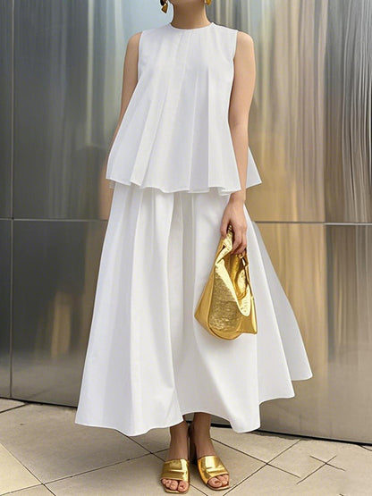 A-Line Loose Pleated Pockets Solid Color Skirts Bottoms