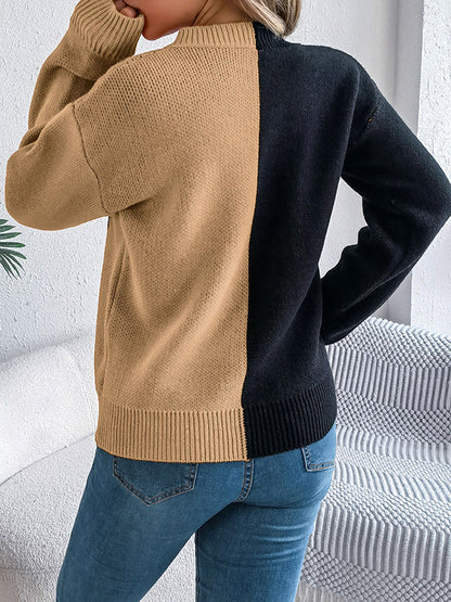 Long Sleeves Loose Contrast Color Split-Joint Round-Neck Pullovers Sweater Tops