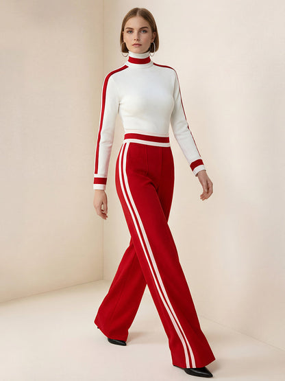Long Sleeves Skinny Contrast Color Split-Joint Striped High Neck T-Shirts Tops