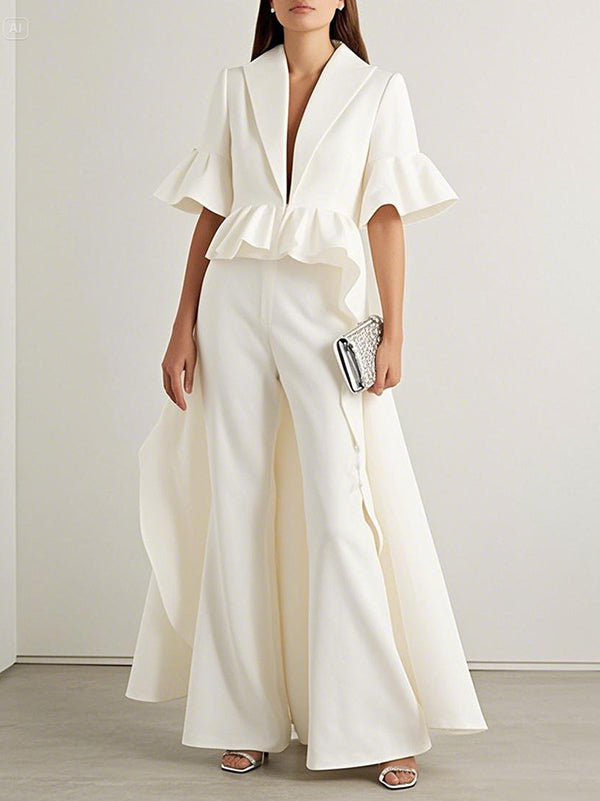 Flared Sleeves Half Sleeves Ruffle Trim Solid Color Deep V-Neck Blouses&Shirts Tops Outerwear