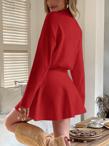 A-line High Waisted Elasticity Solid Color Round-neck Mini Dresses Sweater Dresses