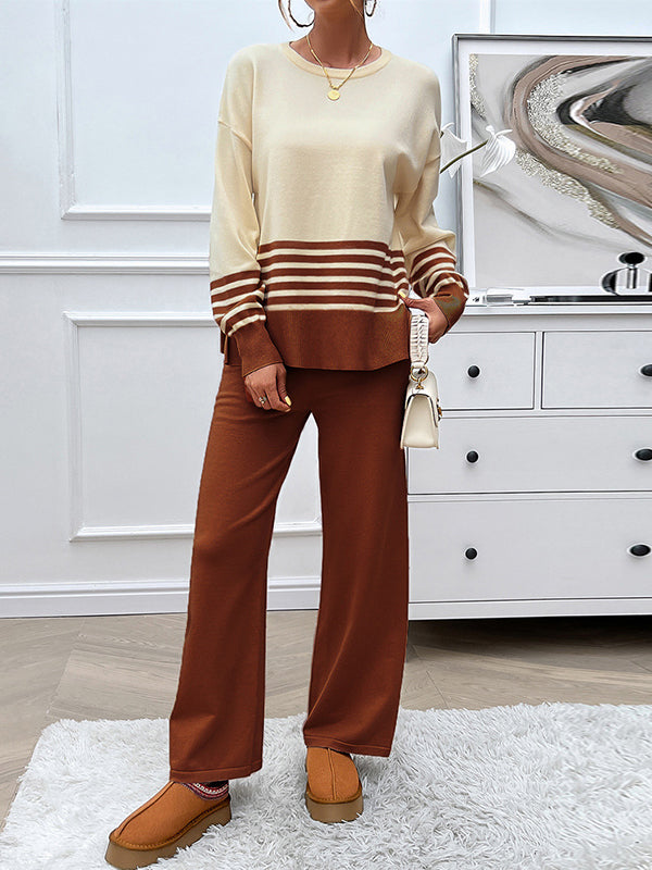 Long Sleeves Loose Contrast Color Split-Side Striped Round-Neck Sweater Top + Pants Bottom Two Pieces Set