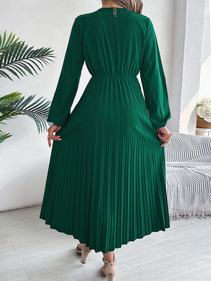 A-Line High Waisted Elasticity Pleated Solid Color V-Neck Maxi Dresses