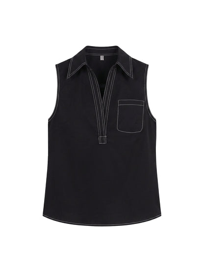 Loose Sleeveless Line Solid Color Lapel Vest Top