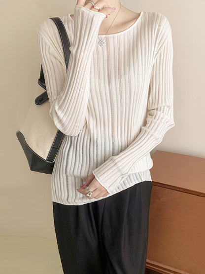 Long Sleeves Loose Solid Color Round-Neck Knitwear Sweater Tops