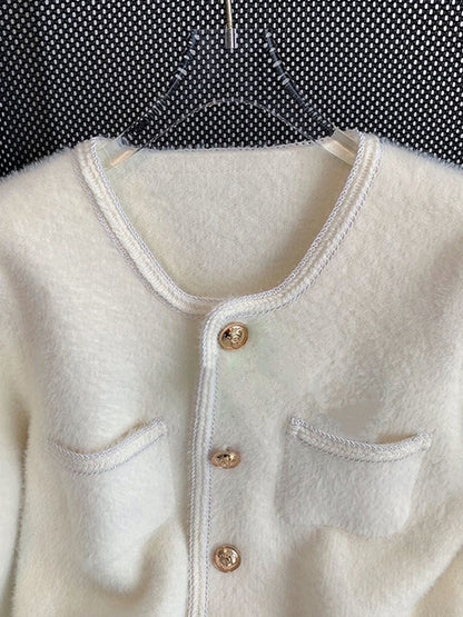 Long Sleeves Loose Buttoned Pockets Velvet Round-Neck Cardigan Tops