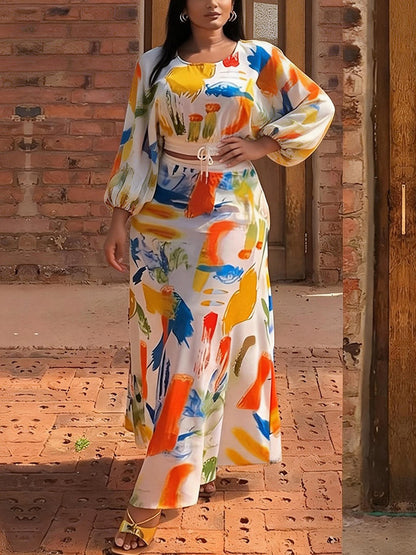 Cropped Elasticated Waist Contrast Color Drawstring Graffiti Printed Pleated Split-Joint Round-Neck Blouses&Shirts Tops