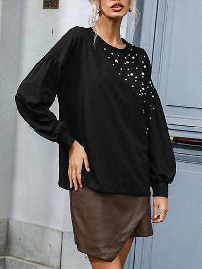 Long Sleeves Loose Beaded Round-Neck T-Shirts Tops