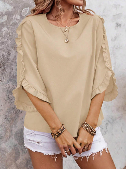 Batwing Sleeves Long Sleeves Ruffled Solid Color Split-Joint Round-Neck Blouses&Shirts Tops