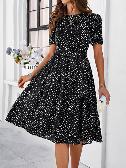 A-Line Elasticated Waist Contrast Color Polka Dot Split-Joint Tied Waist Round-Neck Midi Dresses