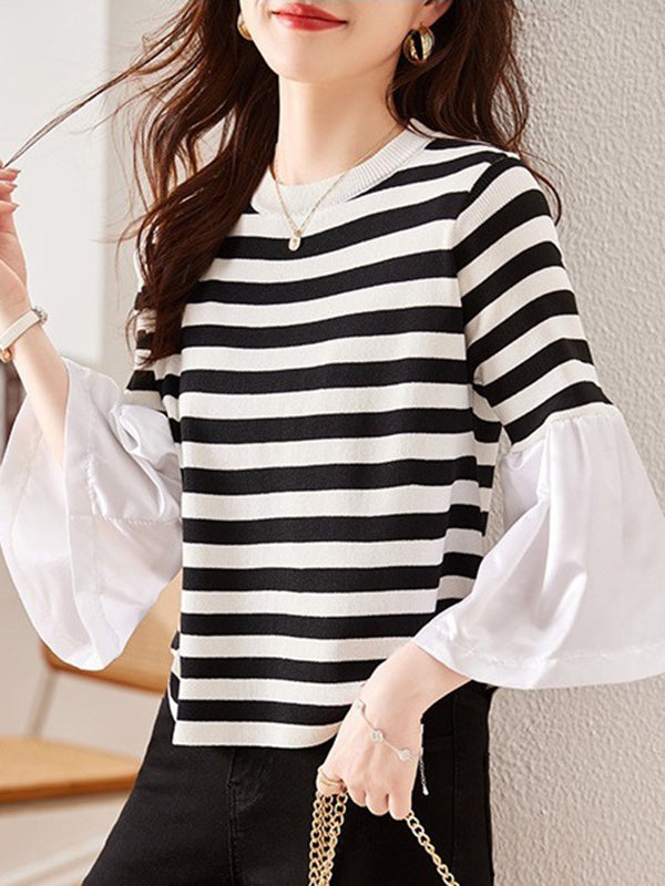 Flared Sleeves Long Sleeves Pleated Split-Joint Striped Round-neck T-Shirts Tops