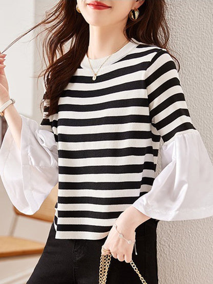 Flared Sleeves Long Sleeves Pleated Split-Joint Striped Round-neck T-Shirts Tops