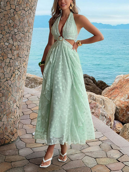 Tiered Split-Joint Solid Color Jacquard Backless Sleeveless High Waisted Halter-Neck Maxi Dresses