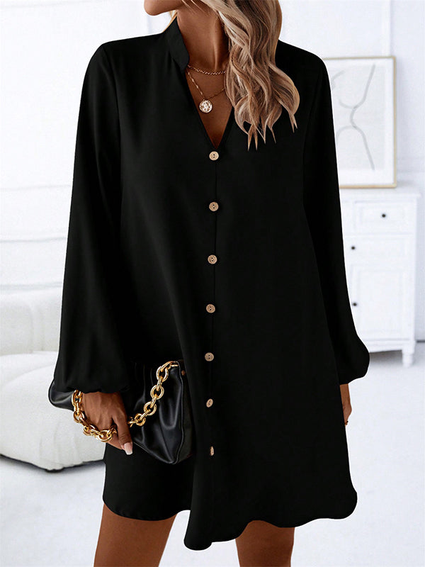 A-line Long Sleeves Buttoned Solid Color V-neck Mini Dresses