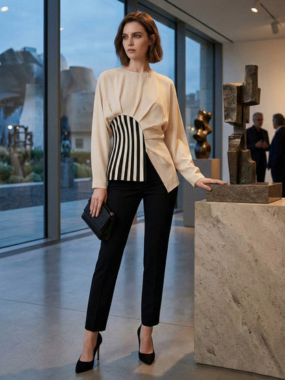 Irregularity Long Sleeves Asymmetric Pleated Split-Joint Striped Zipper Round-Neck Blouses&Shirts Tops