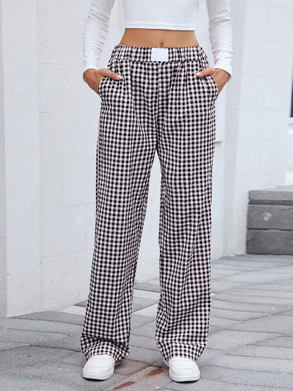 Elasticated Waist High Waisted Contrast Color Plaid Pockets Split-Joint Pants Trousers