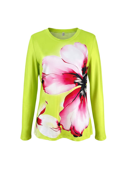 Long Sleeves Contrast Color Flower Print Split-Joint Round-Neck T-Shirts Tops
