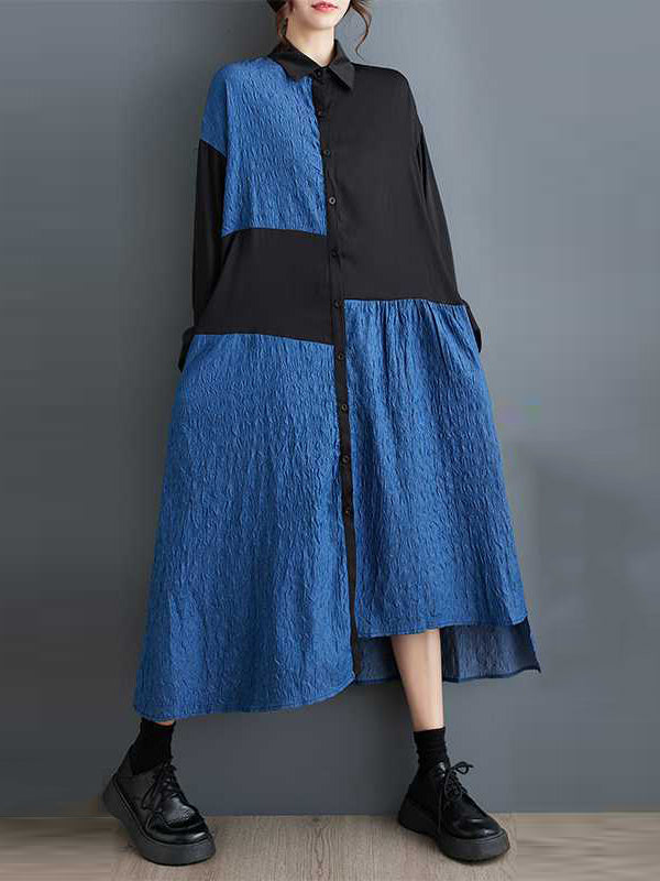 High-Low Long Sleeves Asymmetric Buttoned Split-Joint Lapel Midi Dresses