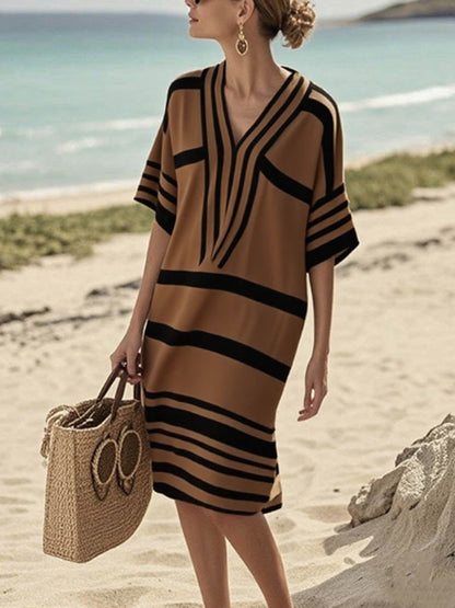 Half Sleeves Loose Contrast Color Split-Joint V-Neck Midi Dresses