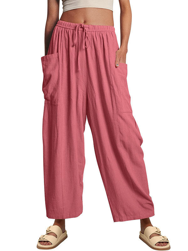 High Waisted Loose Drawstring Elasticity Pleated Pockets Solid Color Ninth Pants Trousers