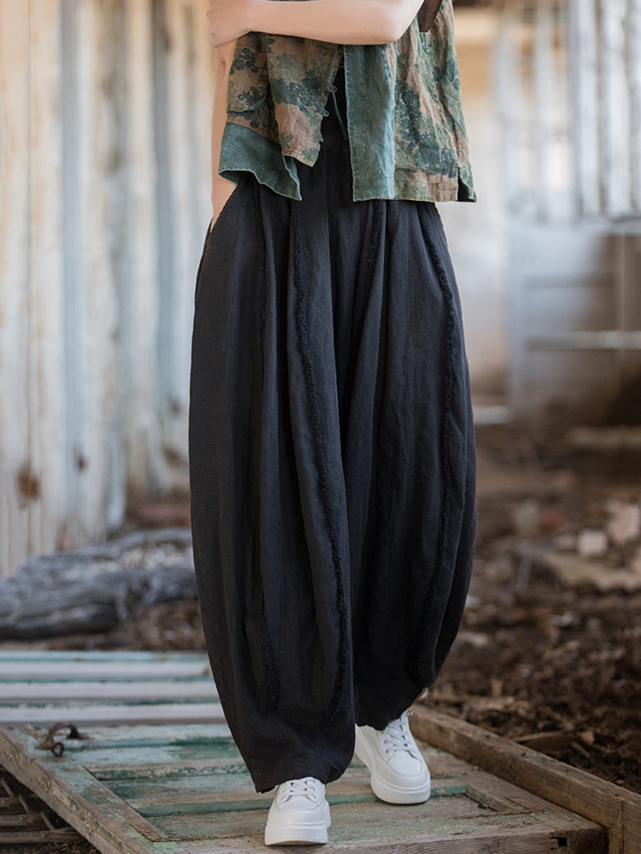 Women Summer Retro Solid Raw-edge Spliced Loose Bloomers