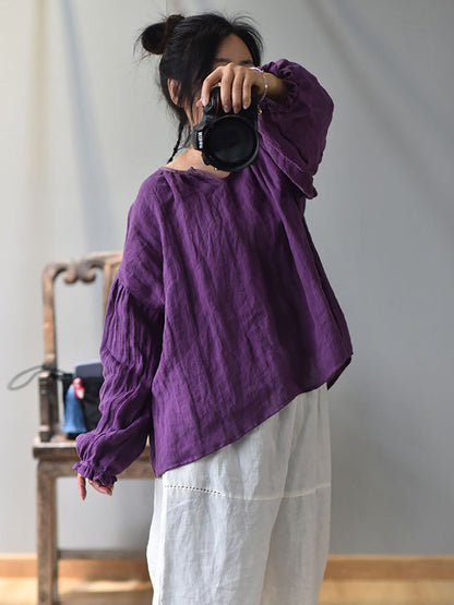 Plus Size Women Spring Retro V-Neck Puff Sleeve Shirt