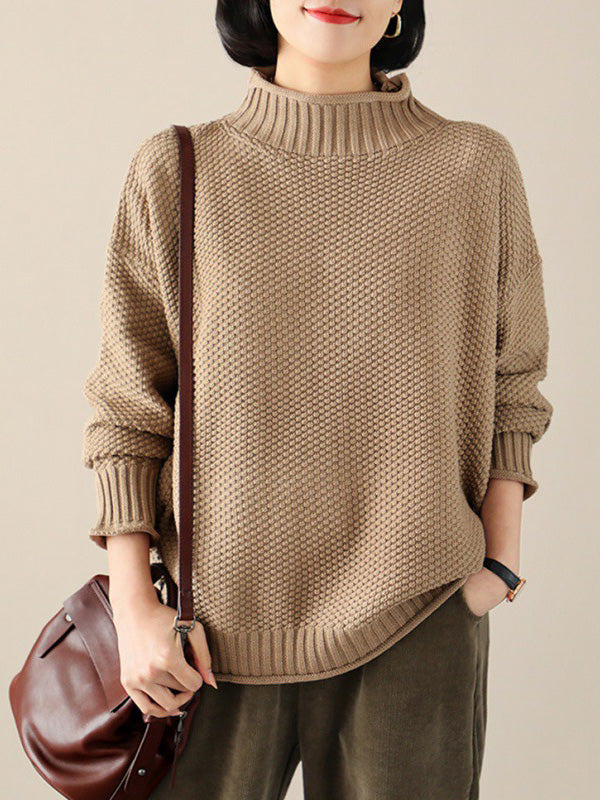 Casual Loose Long Sleeves Solid Color High-Neck Sweater Tops