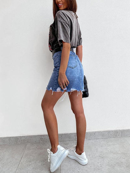 Denim Fringed Short Skirts Bottoms
