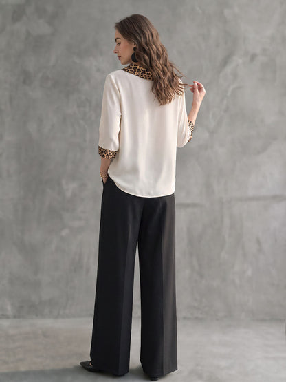 Split-Joint Leopard Contrast Color Three-quarter Sleeves Loose Heaps Collar Blouses&shirts Tops