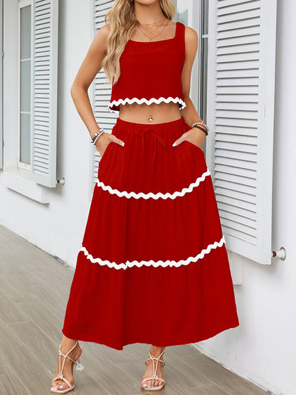 Sleeveless Striped Square-Neck Vest Top + A-Line High Waisted Drawstring Elasticity Pockets Skirts Bottom Two Pieces Set