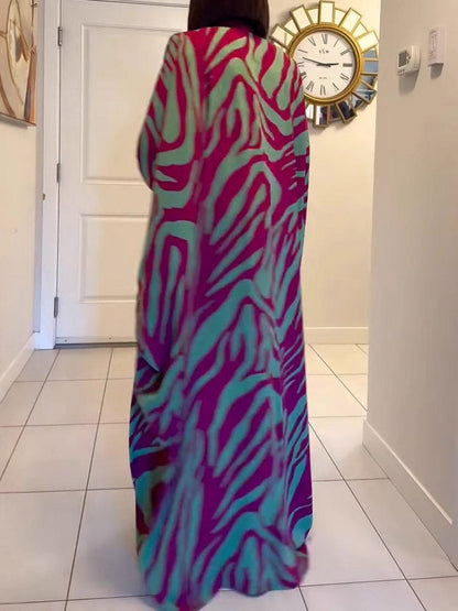 Batwing Sleeves Long Sleeves Contrast Color Printed Split-Front Split-Joint V-Neck Maxi Dresses