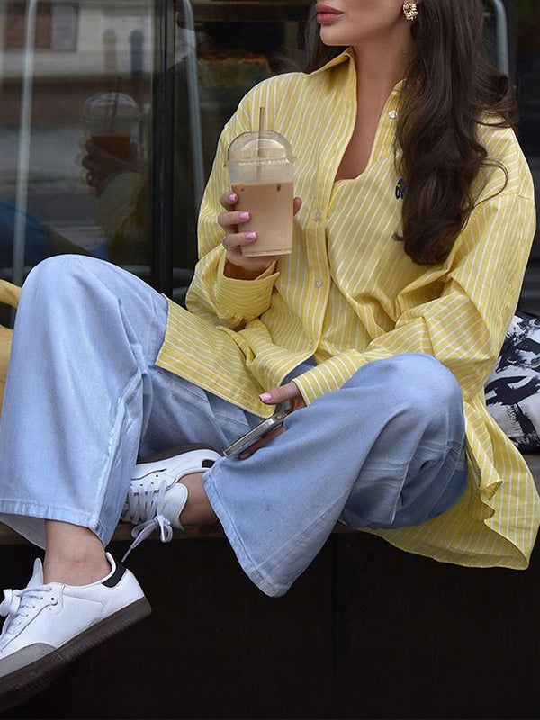 Long Sleeves Loose Buttoned Pockets Striped Lapel Blouses&Shirts Tops