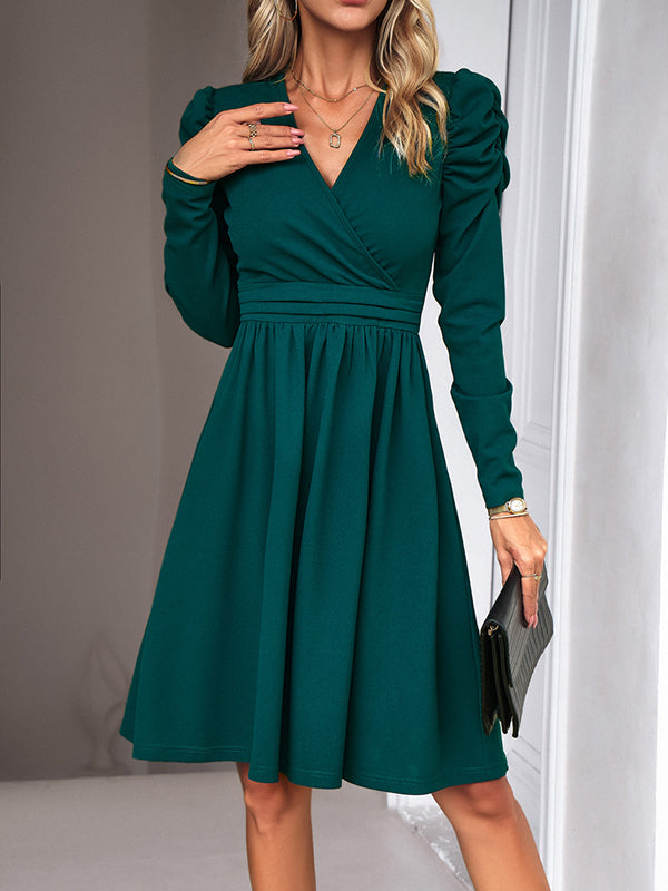 Puff Sleeves Skinny Pleated Solid Color Split-Joint V-Neck Midi Dresses