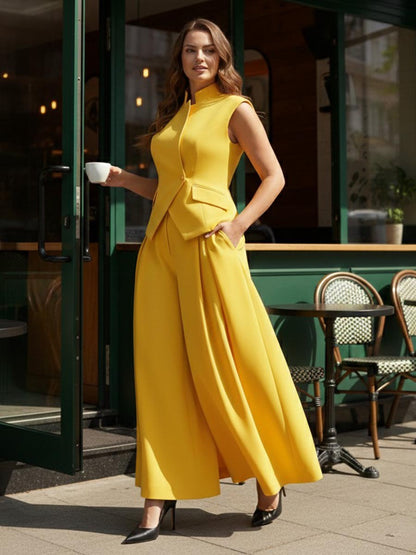 Elasticated Waist High Waisted Asymmetric Buttoned Solid Color Split-Joint Stand Collar Tank Top