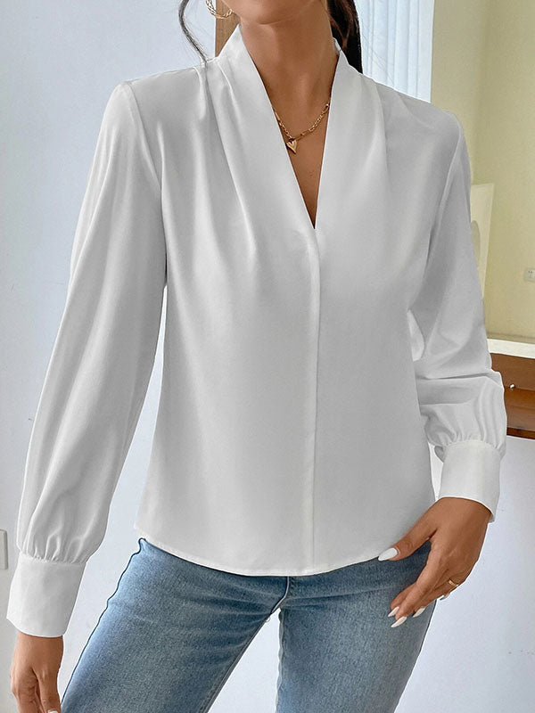 Long Sleeves Loose Pleated Solid Color Split-Joint V-Neck Blouses&Shirts Tops
