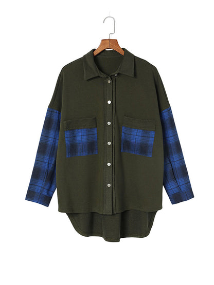 High-Low Long Sleeves Buttoned Plaid Pockets Split-Joint Lapel Jackets Outerwear