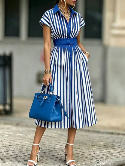 Striped Pockets Buttoned Short Sleeves High Waisted Lapel Midi Dresses