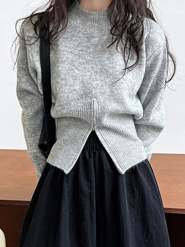 Long Sleeves Loose Solid Color Zipper Mock Neck Pullovers Sweater Tops