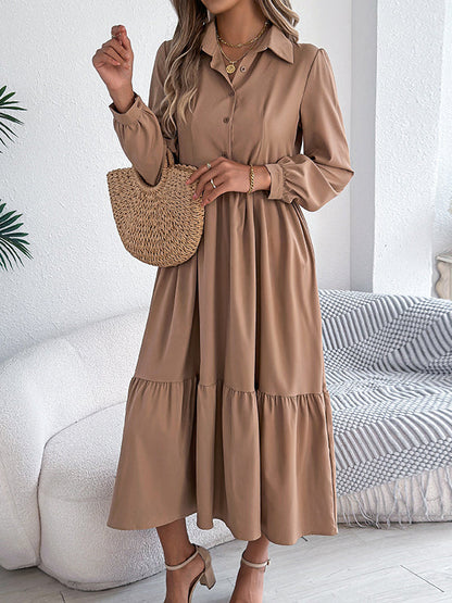 High Waisted Long Sleeves Pleated Ruffled Solid Color Lapel Midi Dresses Shirt Dress
