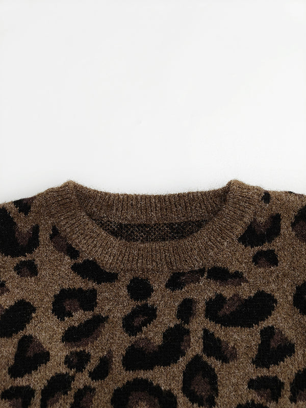 Long Sleeves Loose Leopard Round-Neck Sweater Tops