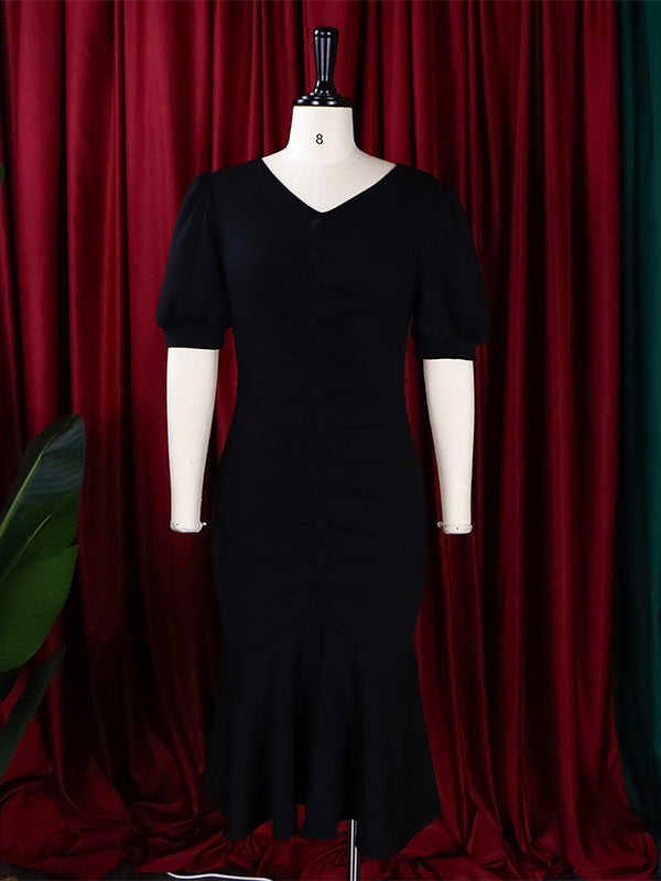 Bodycon Mermaid Pleated Solid Color Zipper V-Neck Midi Dresses